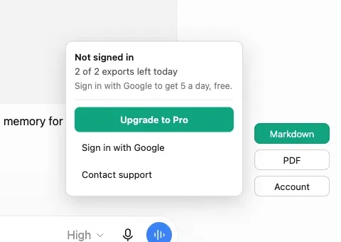 Close-up of the extension's account menu: “Not signed in”, “2 of 2 exports left today”, a prompt to sign in for five a day, an Upgrade to Pro button, and the Markdown / PDF / Account buttons beside it